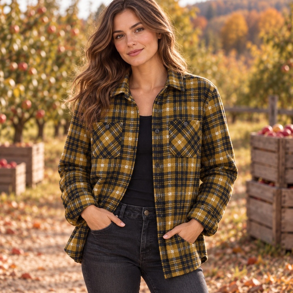 084 prAna Westbrook Flannel Shirt Jacket (L, Mustard/Navy, EUC)
